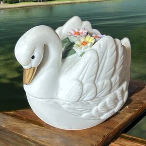Lefton Swan Vintage Trinket Box China Bisque Porcelain W/ Flowers Hand painted